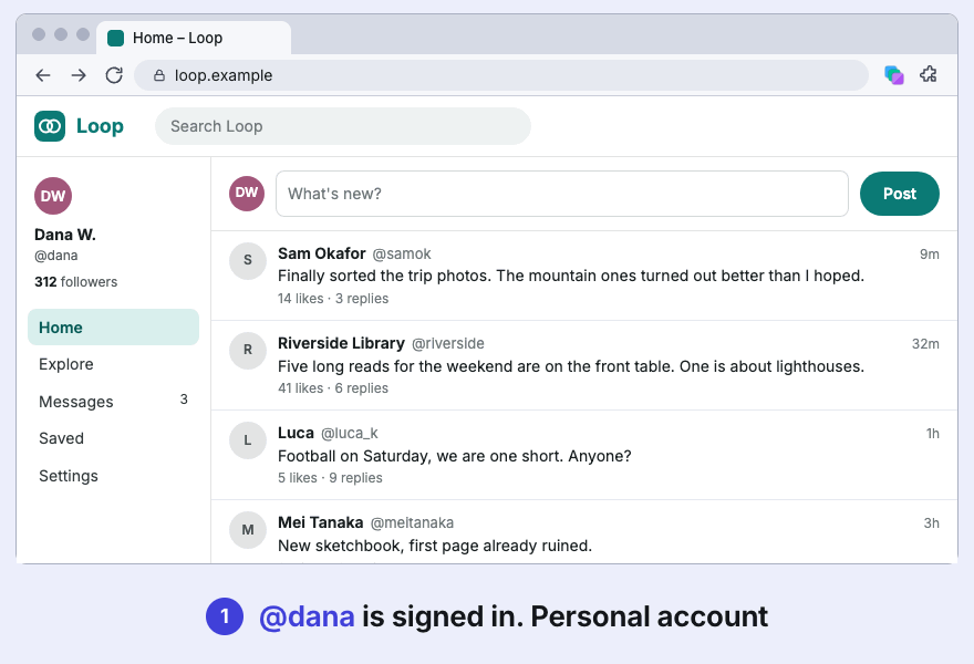 Animation: the popup creates a Work container, the same social site is opened in a second tab and signed in as another account, and switching between the two tabs shows both accounts logged in at once.