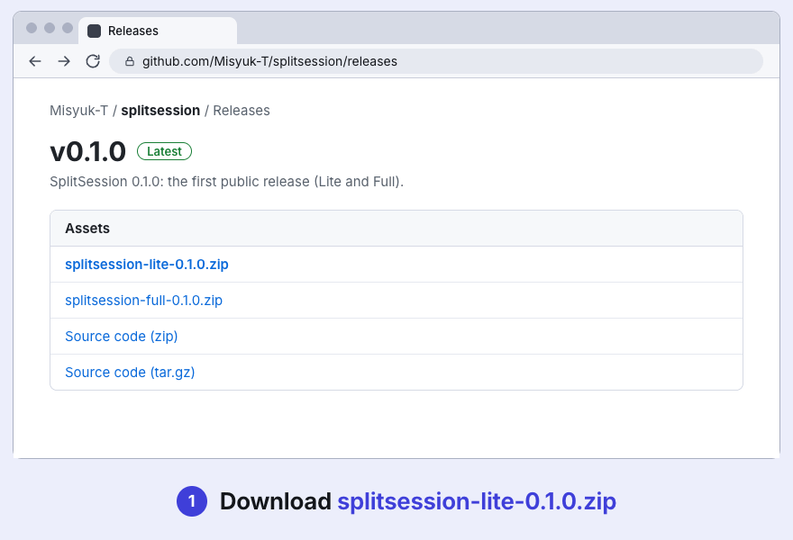 Animation: download the zip from a GitHub release, unzip it, open chrome://extensions, turn on Developer mode, choose Load unpacked, select the folder and pin the toolbar button.