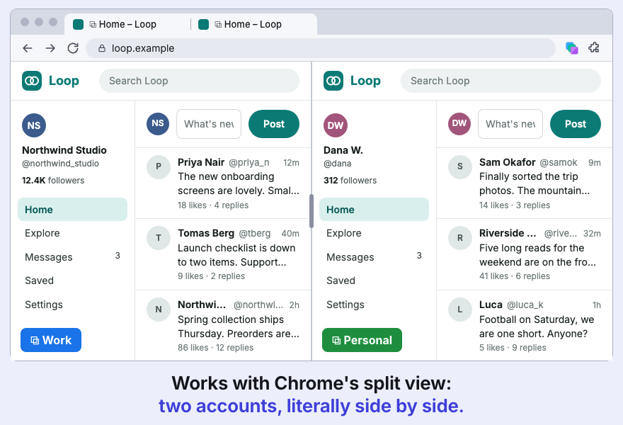 Two tabs of the same site as the two halves of Chrome's split view: one signed in as Northwind Studio in the Work container, the other as Dana W. in the Personal container.